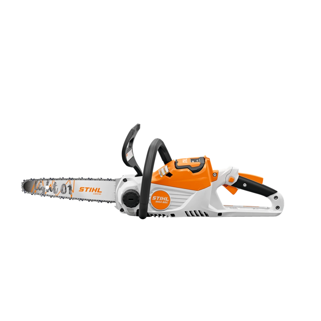 Orange and white cordless 12-inch chainsaw with ergonomic handle and battery included for efficient home improvement tasks