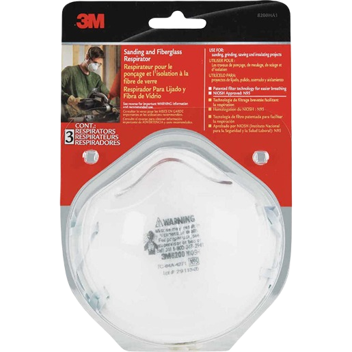 3M N95 sanding and fiberglass respirator pack of three in red and white packaging for safety and hardware use