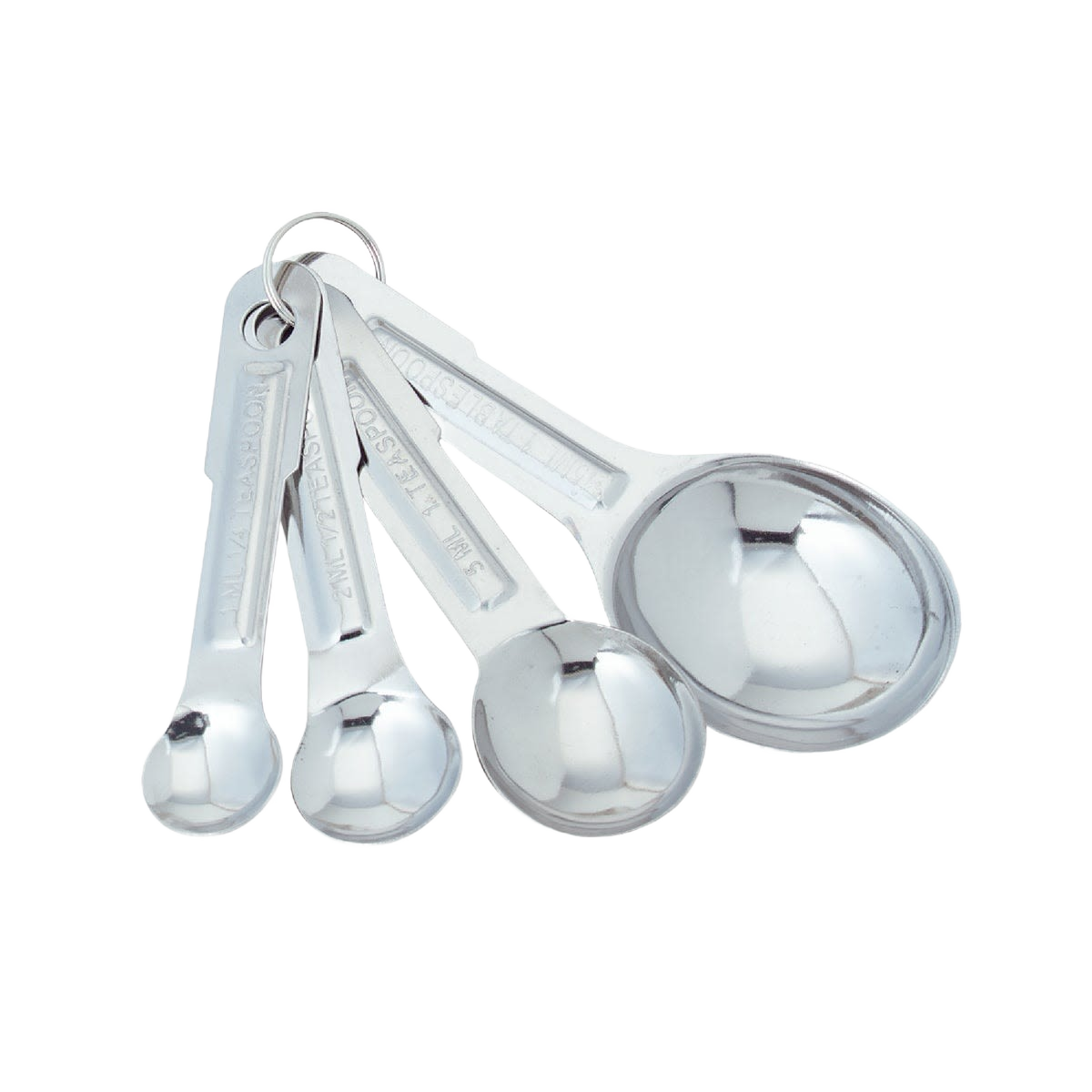 Set of four stainless steel measuring spoons with standard and metric markings for kitchen gadgets and tools collection