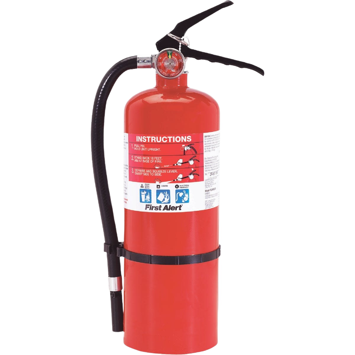 Rechargeable heavy-duty commercial fire extinguisher in red with hose and easy-to-read instructions for home improvement safety