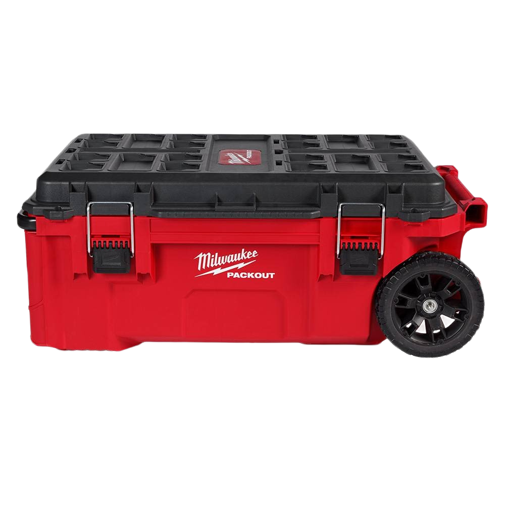 Red and black Milwaukee PACKOUT™ rolling tool chest with heavy-duty wheels for jobsite storage and organization