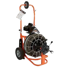 Orange and black pipe cleaner machine with 100 ft. cable reel mounted on a wheeled frame, part of plumbing tools and rental equipment for home improvement at Hartville Hardware.