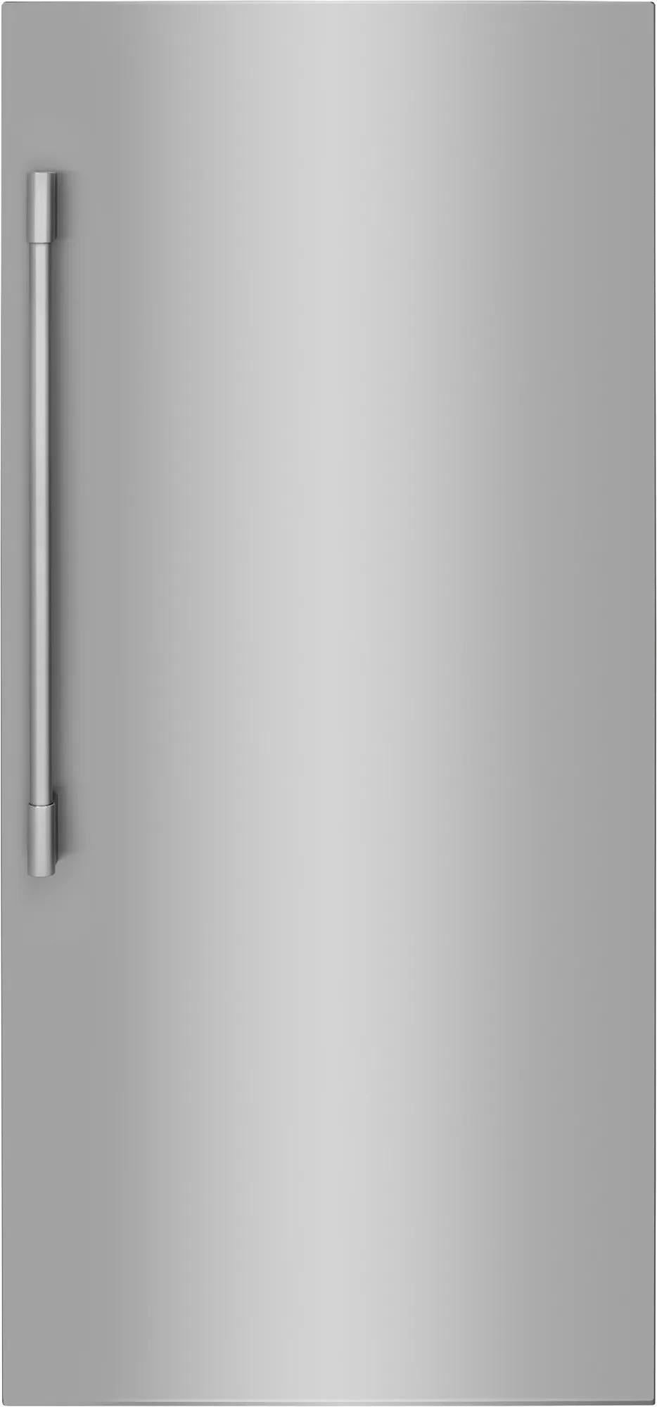 Smudge-proof stainless steel single-door refrigerator with vertical bar handle in modern kitchen and appliance setting