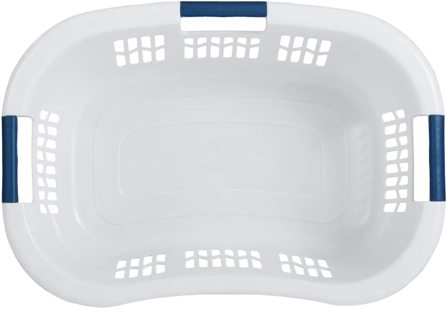White plastic laundry basket with three blue grip handles and ventilated sides for laundry storage and cleaning use