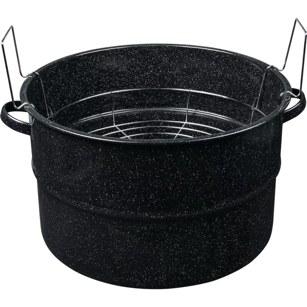 Black speckled graniteware preserving canner pot with metal rack and side handles for home kitchen use