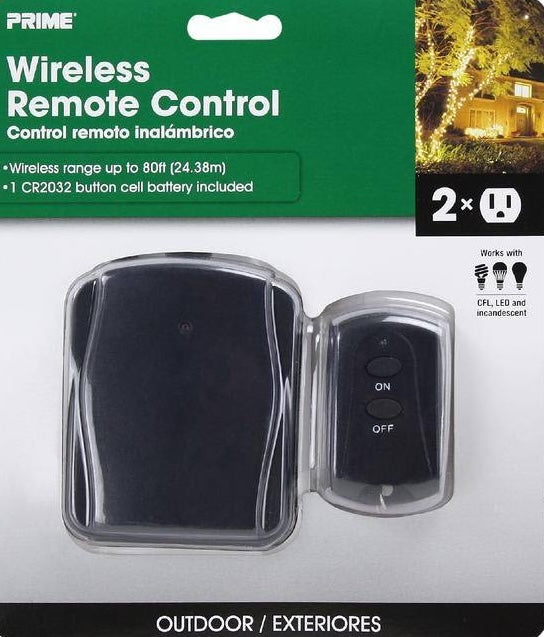 Black wireless remote control and transmitter with on/off buttons for outdoor tools and home improvement use