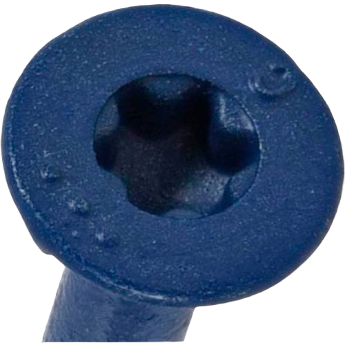 Close-up of blue epoxy coated flat-head concrete screw anchor in hardware and fasteners collection for home improvement tools