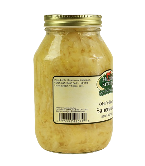 Glass jar of traditional sauerkraut with metal lid in Hartville Kitchen preserved goods under $50 collection