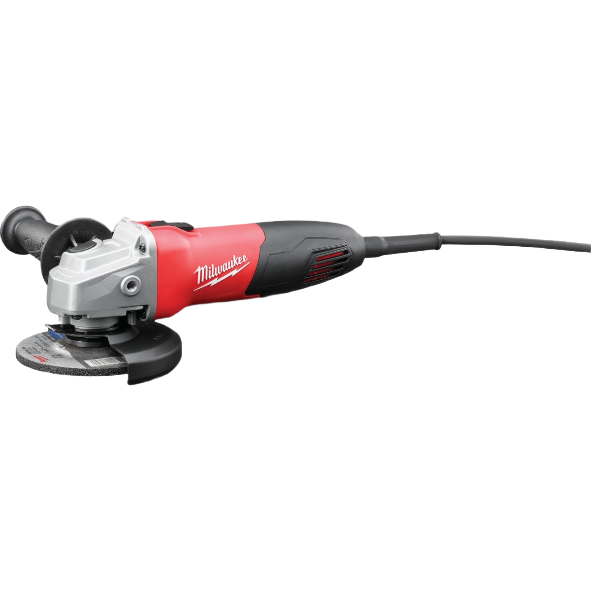 Red and black handheld angle grinder with side handle and protective guard for home improvement and tool use