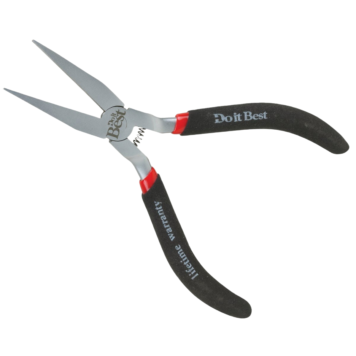 Black grip long nose pliers with silver metal jaws designed for precise gripping in tools and home improvement tasks