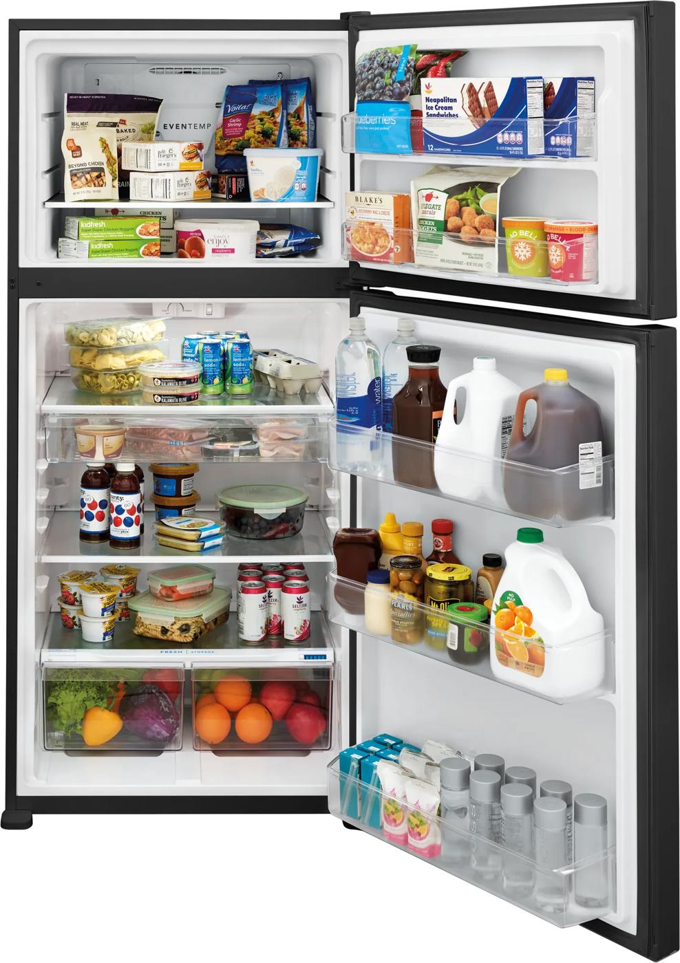 Black garage ready top freezer refrigerator open to show organized shelves stocked with food and beverages in appliances collection