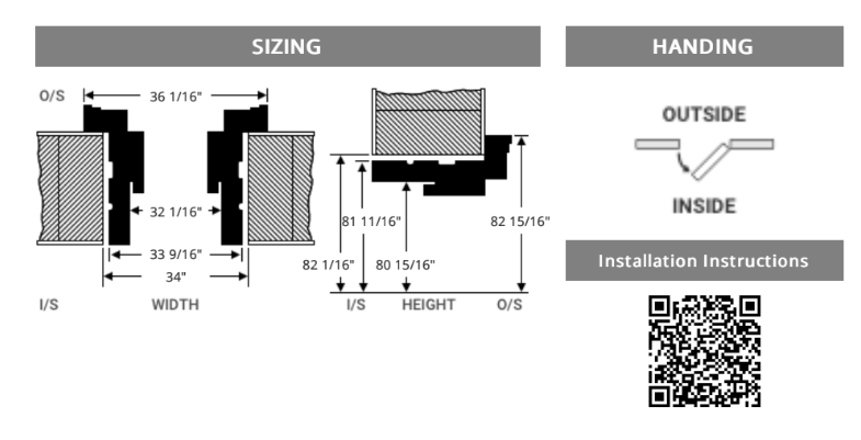 Diagram showing measurements and left-hand inswing door handing with QR code for installation instructions