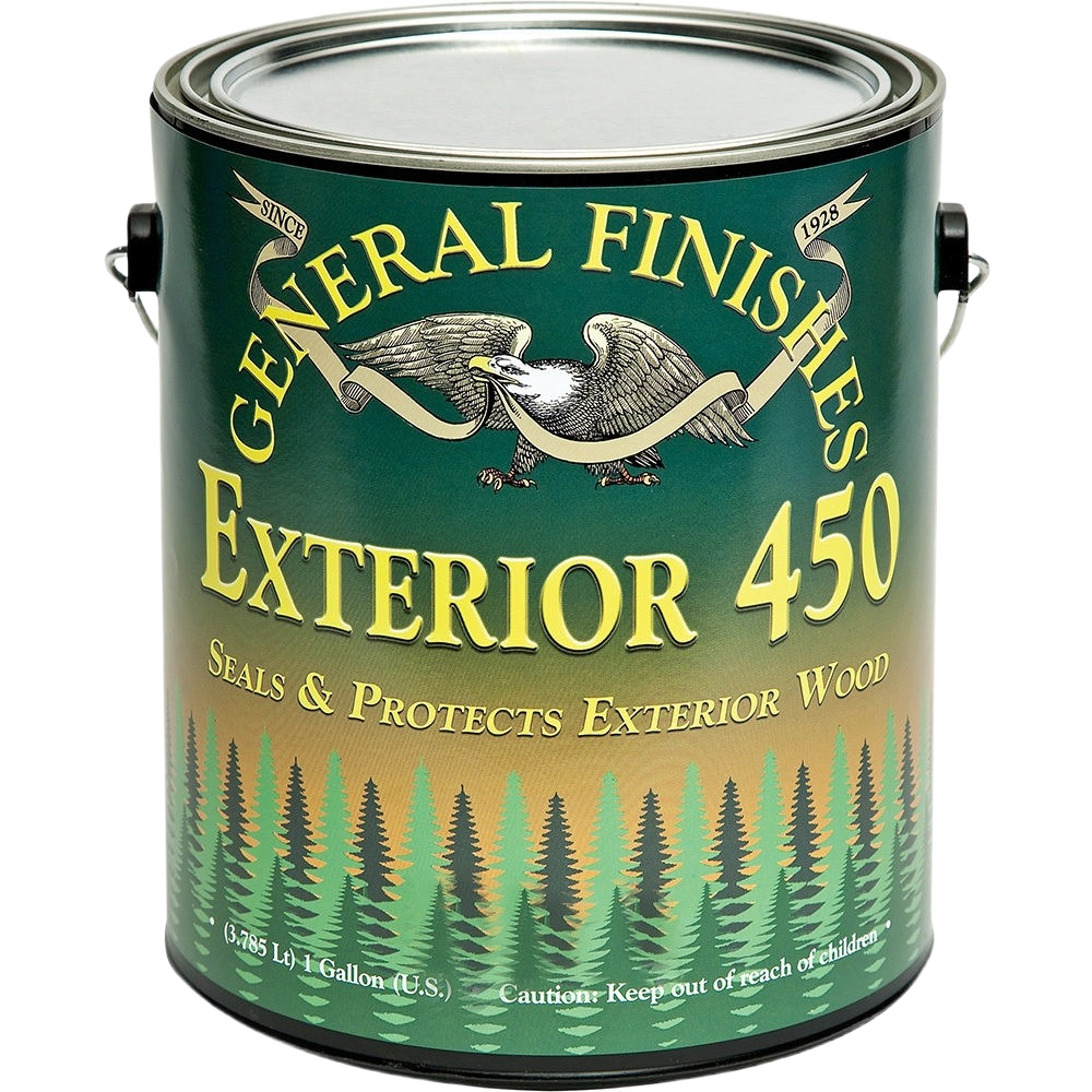 Gallon container of exterior clear varnish with green forest design for wood finishing and exterior protection.