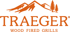 Orange logo featuring stylized mountain peaks and pine trees above the word Traeger with 