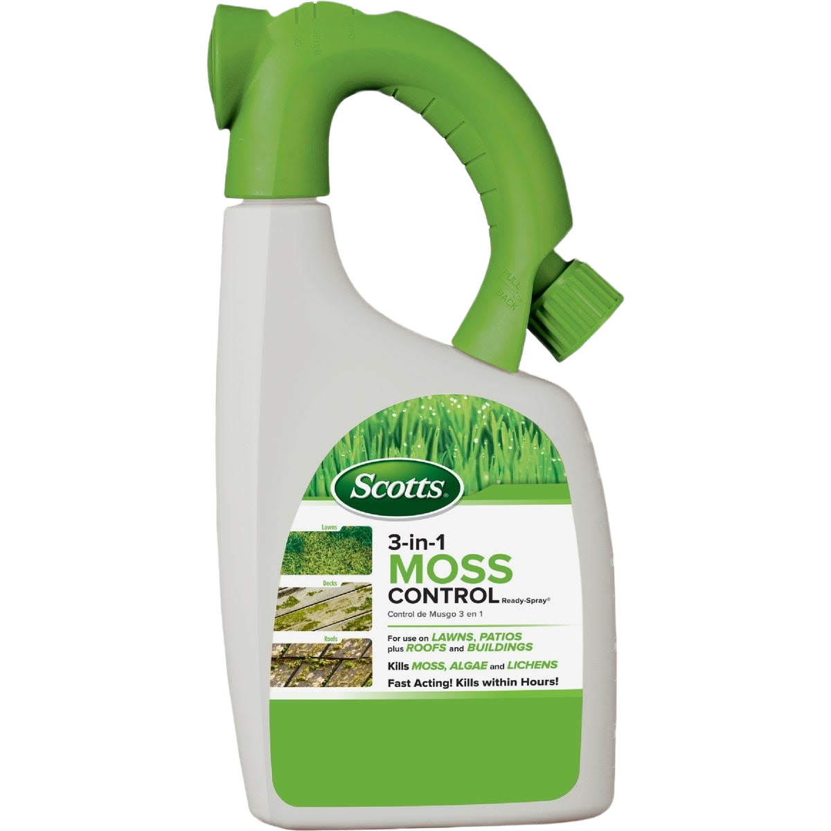 Container of Scotts MossEX 3-in-1 spray for controlling moss, algae, and lichens on lawns and outdoor surfaces