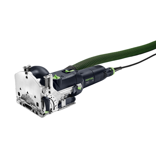 Compact electric joiner with black and green casing, metal base, and attached green dust extraction hose for woodworking projects in power tools collection.