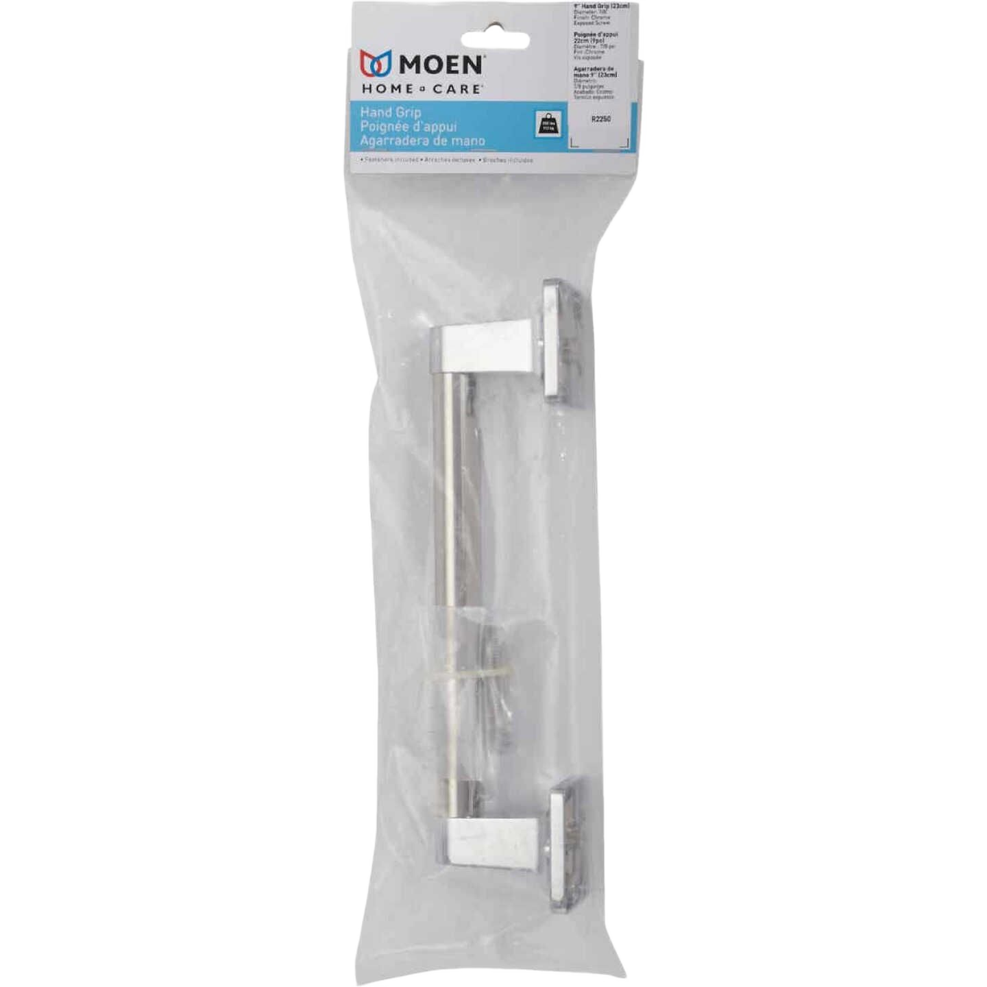 Moen chrome safety grab bar in packaging for bathroom support and accessibility in home improvement collection