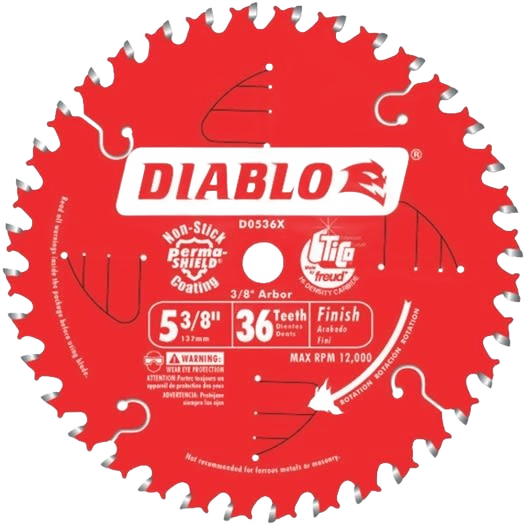 Red circular saw blade with 36 teeth, non-stick coating, and 3/8-inch arbor for finishing trim cuts in home improvement tasks