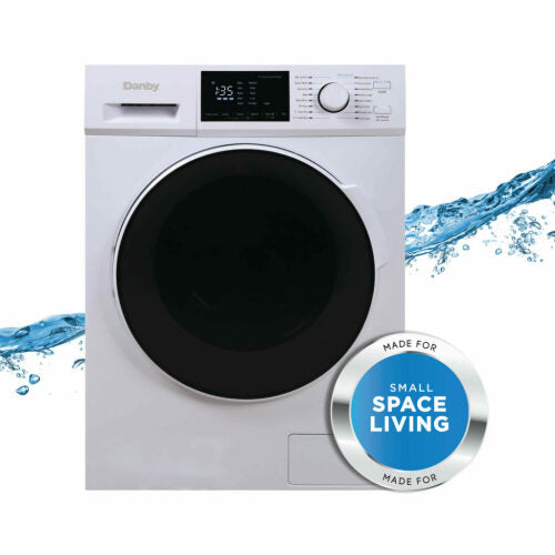 Front view of compact white front-load washer dryer combo with digital display and control dial for small spaces