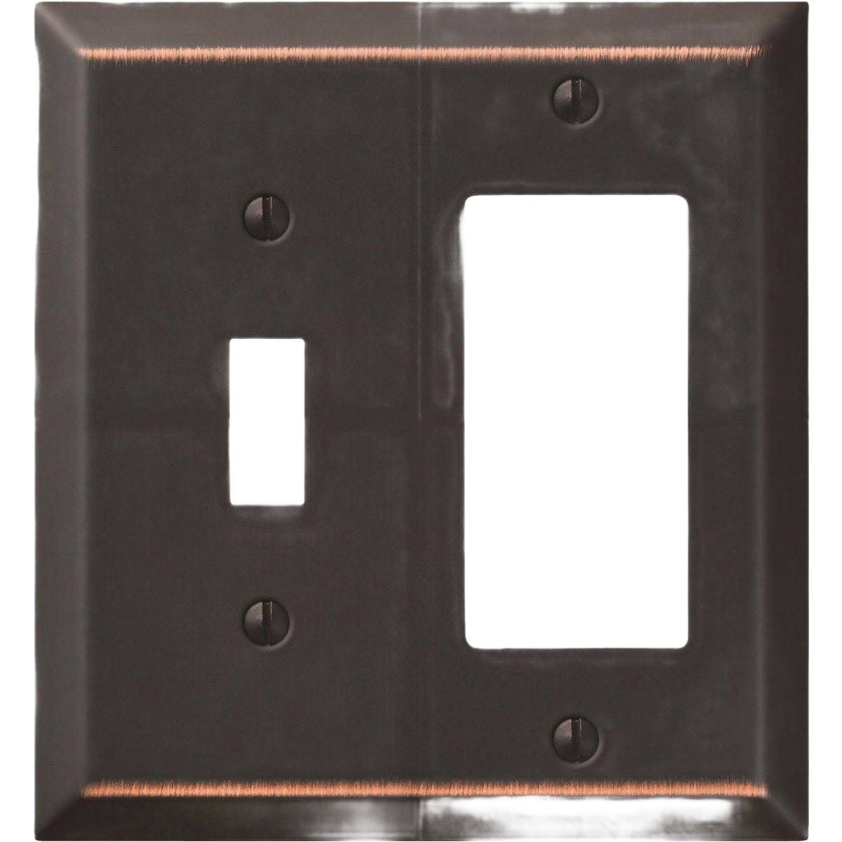 Stamped steel 2-gang wall plate in age bronze finish with openings for toggle and rocker switches for home improvement use