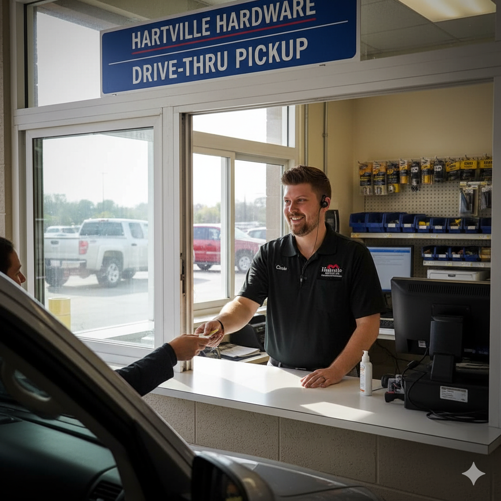 Employee wearing a headset and black polo shirt handing keys to customer at a drive-thru pickup window inside a hardware store.