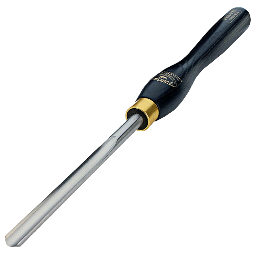 Woodturning spindle gouge with black handle and powder metal blade for detailed woodworking in home improvement tools collections