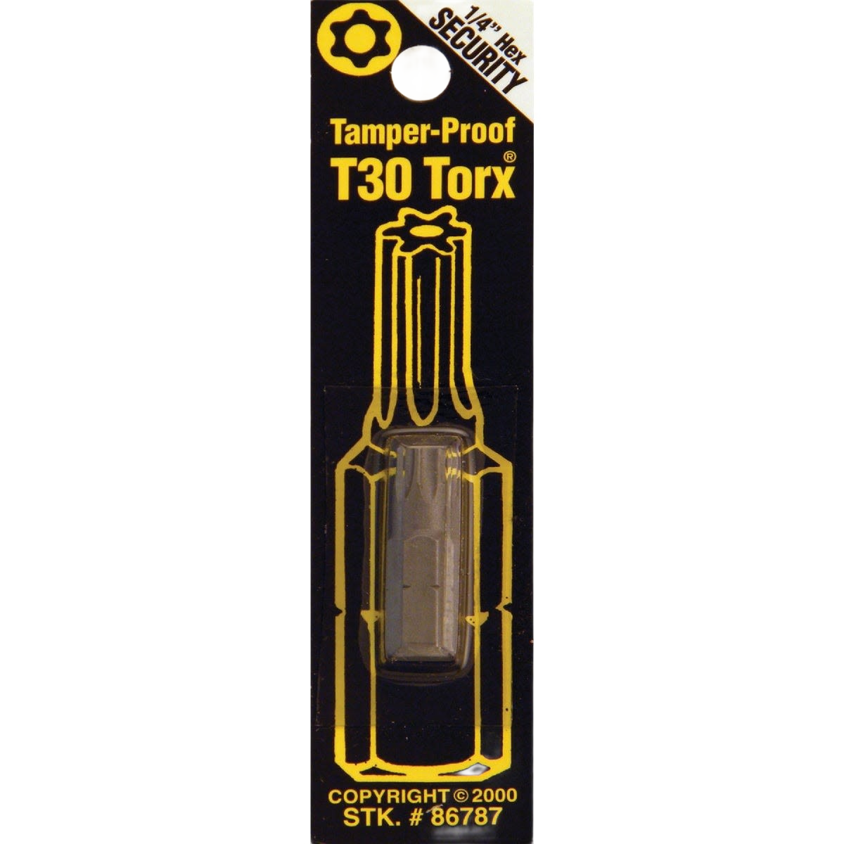 Tamper-proof T30 Torx bit in black and yellow packaging for power tool accessories and home improvement projects