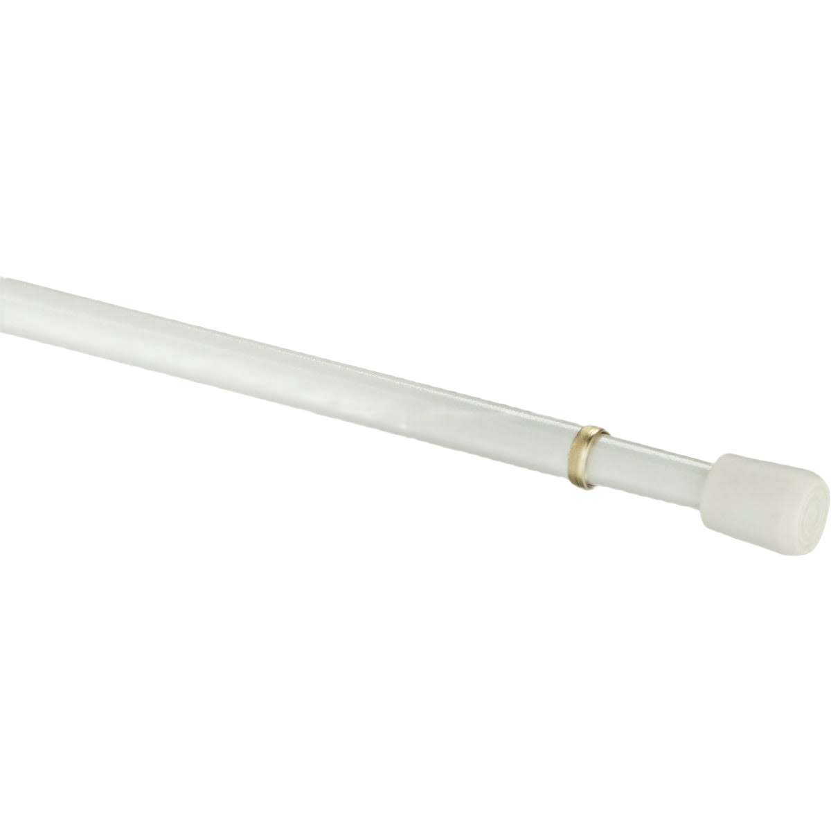 White adjustable spring tension rod with rubber end caps for curtains or closet organization in home improvement.