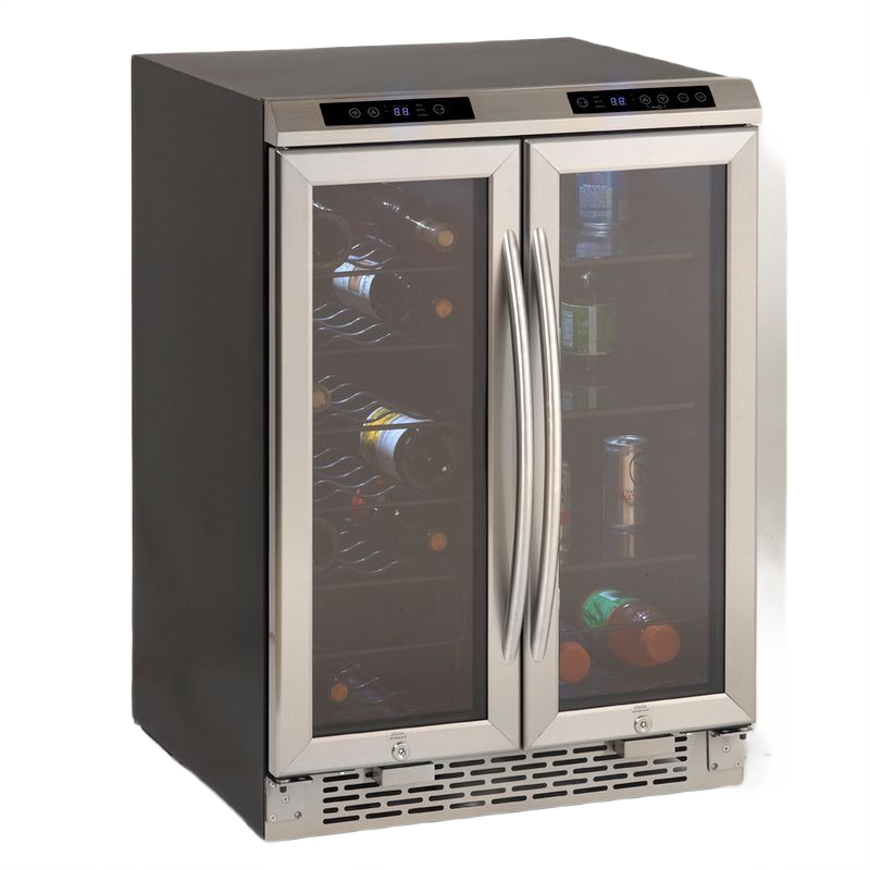 Dual compartment beverage cooler with stainless steel frame, glass doors, and digital temperature displays in appliances collection