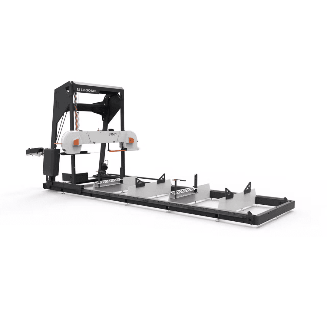 Large black and white portable band sawmill with sturdy frame and adjustable log supports for woodworking tasks