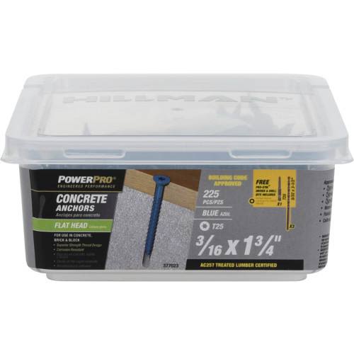 Container of blue flat-head concrete screw anchors for fastening in hardware and lumber under 50 dollars