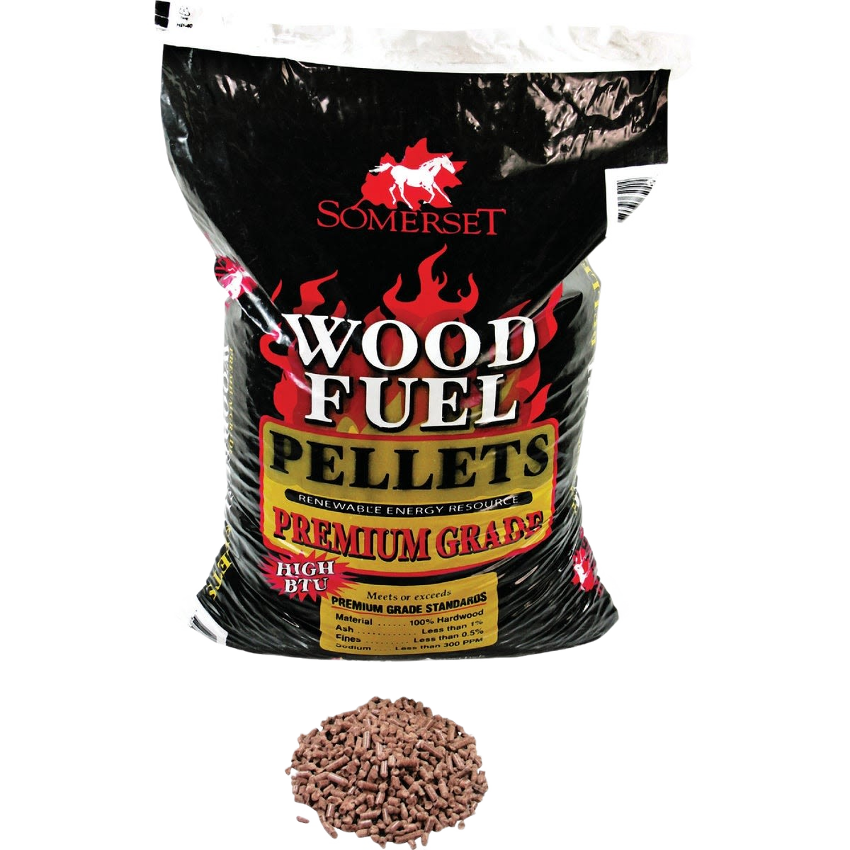 Black bag of premium grade wood pellet fuel with a pile of wood pellets for Outdoor Living and Lawn & Garden use under $50 category