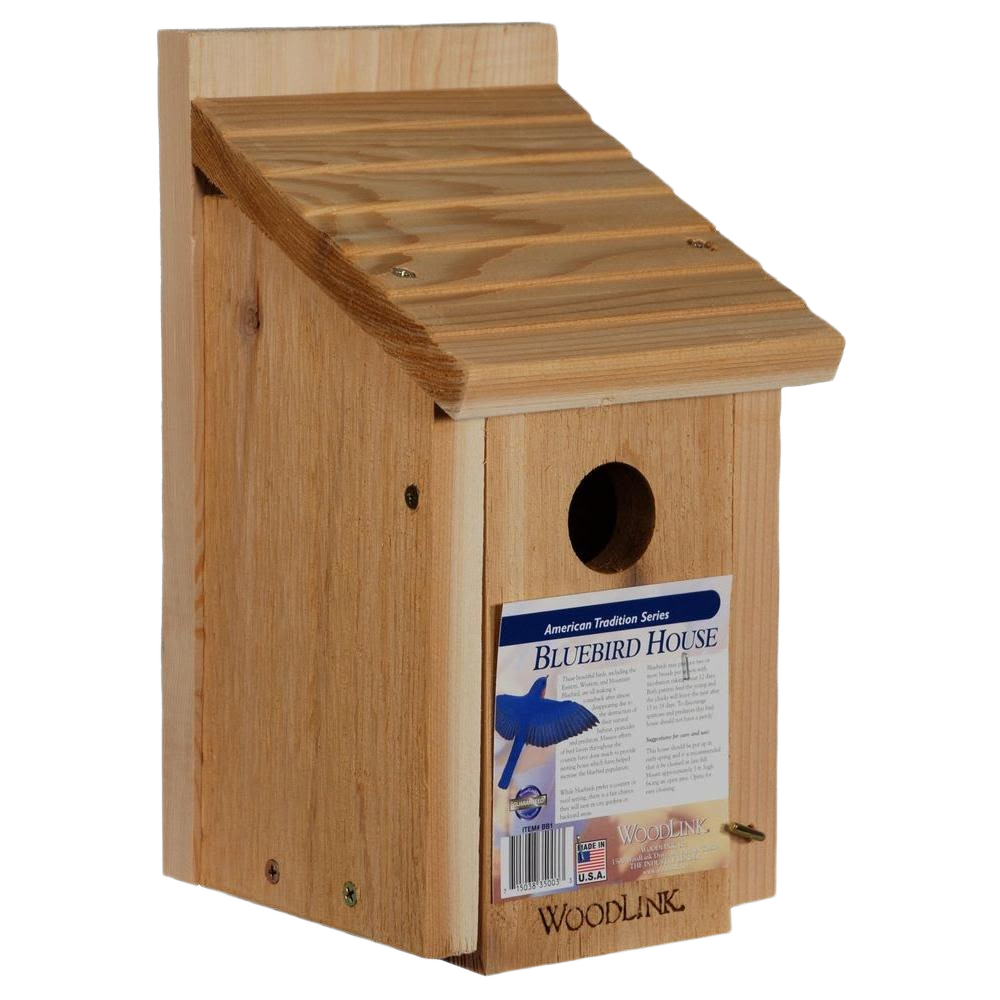 Natural wood birdhouse with slanted roof and small circular entrance for garden and home improvement use