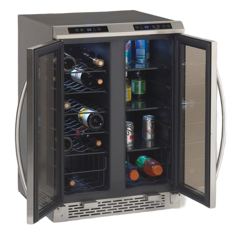 Side-by-side dual zone wine and beverage cooler with stainless steel frame, glass doors, digital controls in appliances collection