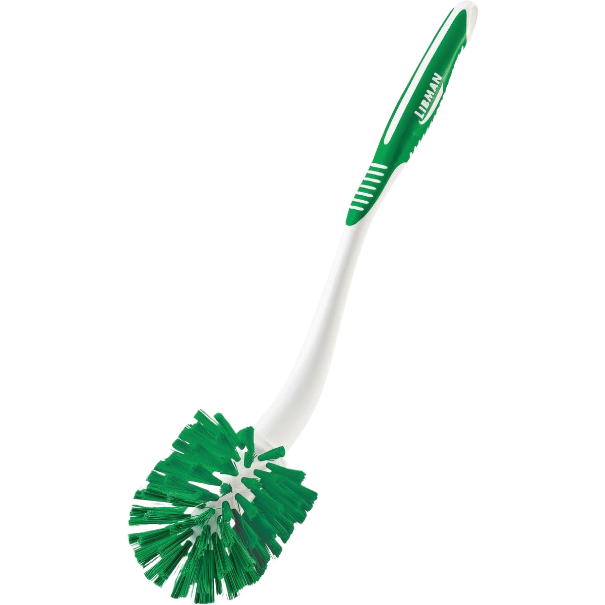 Toilet bowl cleaning brush with angled white handle and dense green bristles from cleaning tools collection