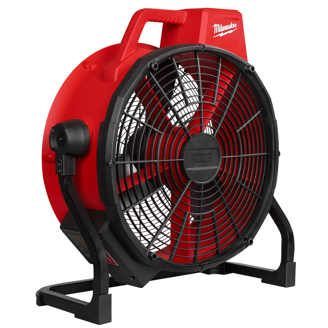 Red and black Milwaukee M18 brushless portable fan with 18-inch blades for power tools and home improvement use