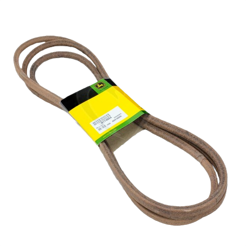 Brown reinforced primary deck drive V-belt with John Deere branded packaging for tools and home improvement use