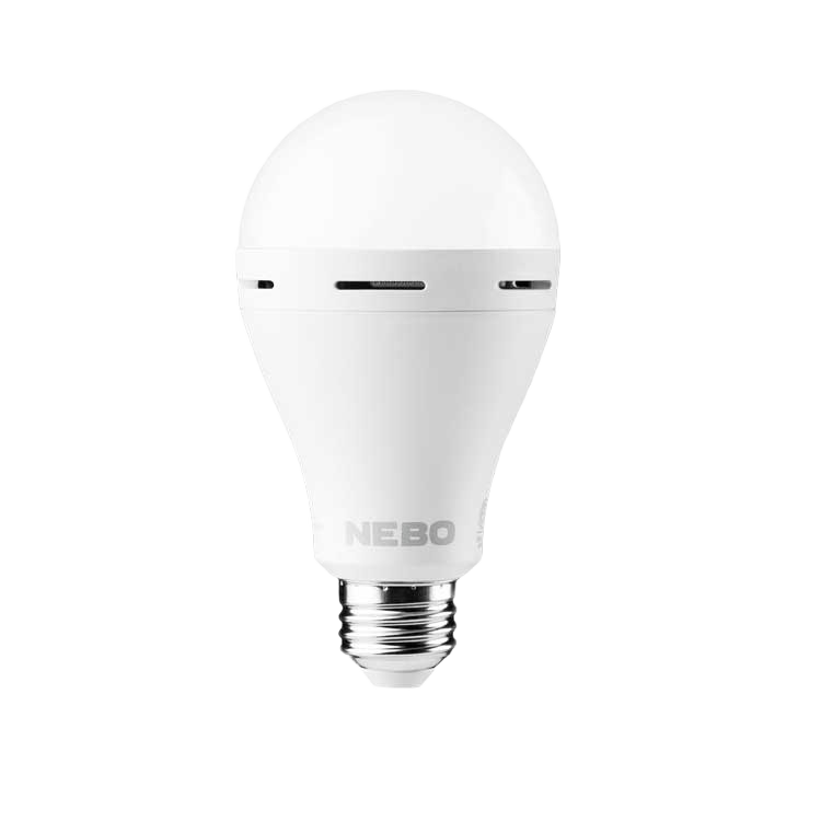 White LED emergency light bulb with ventilation slits and metallic screw base for home improvement use