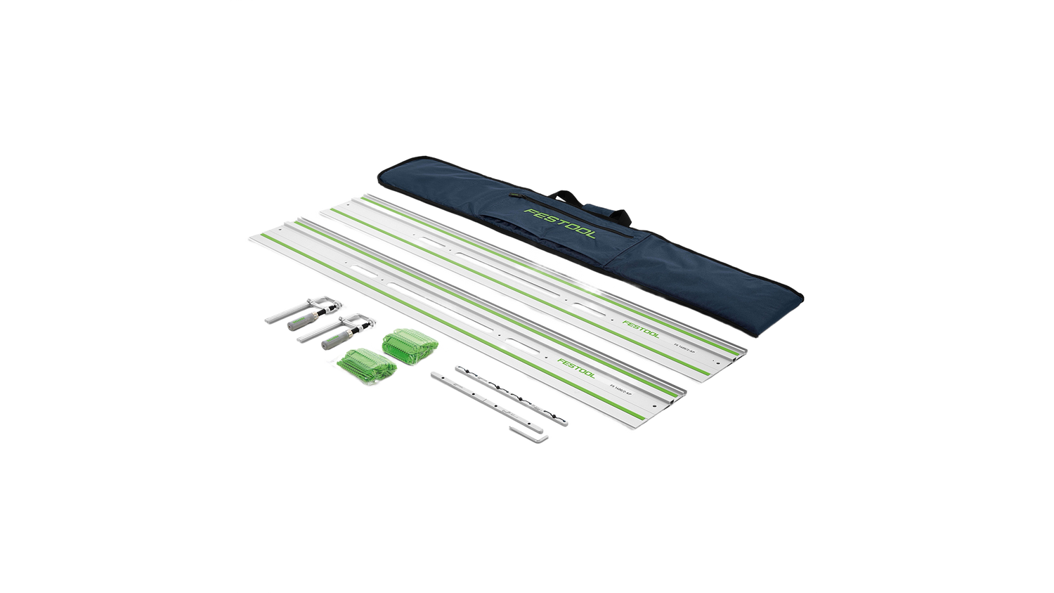 Set of Festool guide rails and accessories with carrying bag for woodworking and power tool setups in tool collections