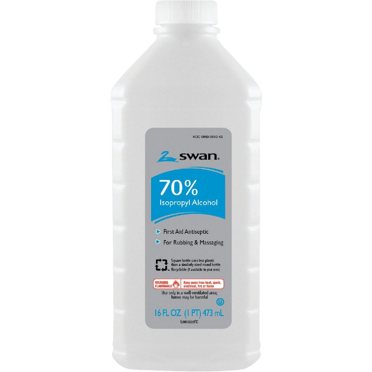 Clear plastic bottle of Swan 70% isopropyl rubbing alcohol for first aid antiseptic use in Health & Beauty collection under $50