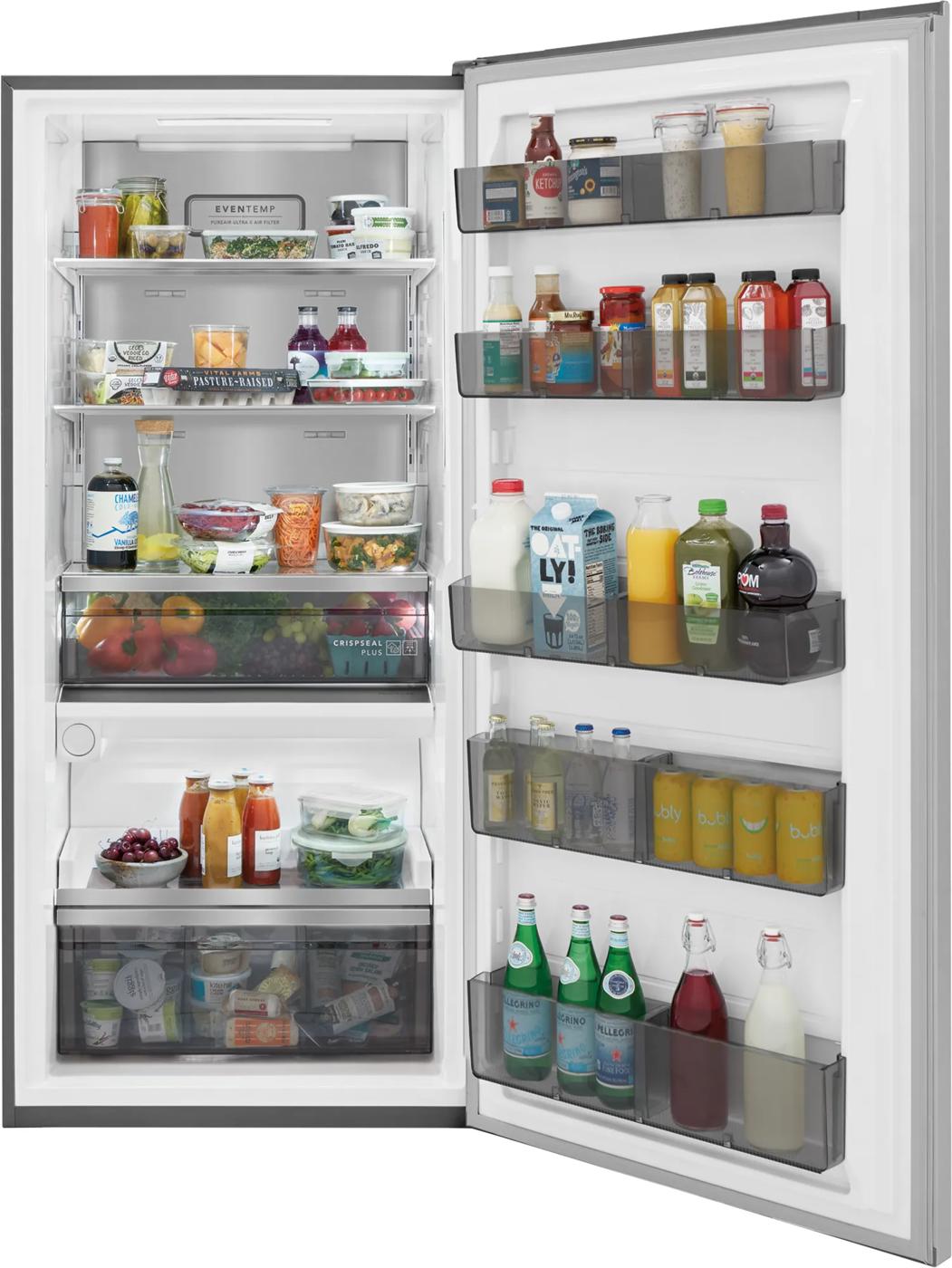 Open 19 Cu. Ft. single-door refrigerator with stainless steel finish displaying organized fresh produce and beverages in kitchen setting