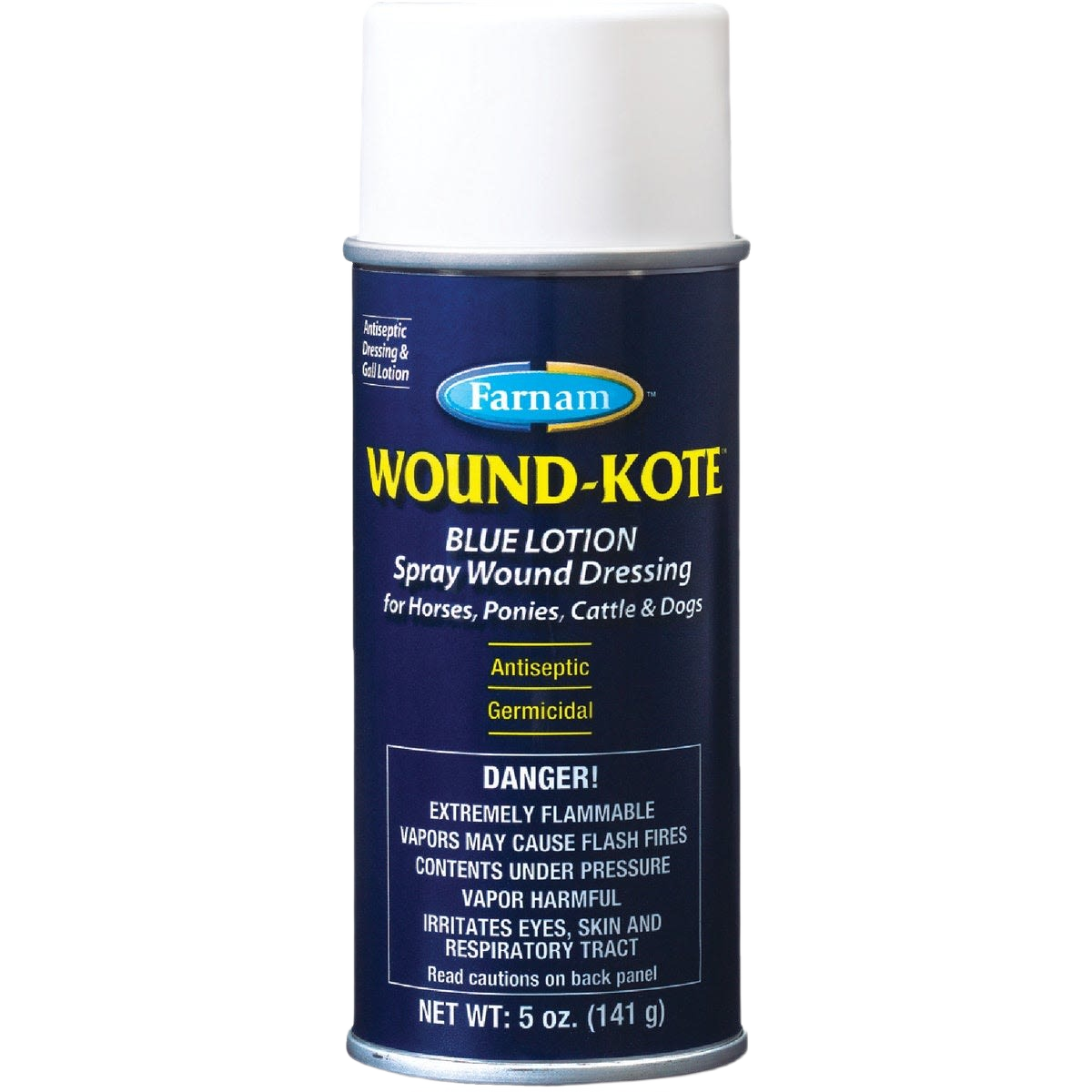 Blue lotion spray wound dressing can for antiseptic and germicidal use on animals, suitable for home and tools care