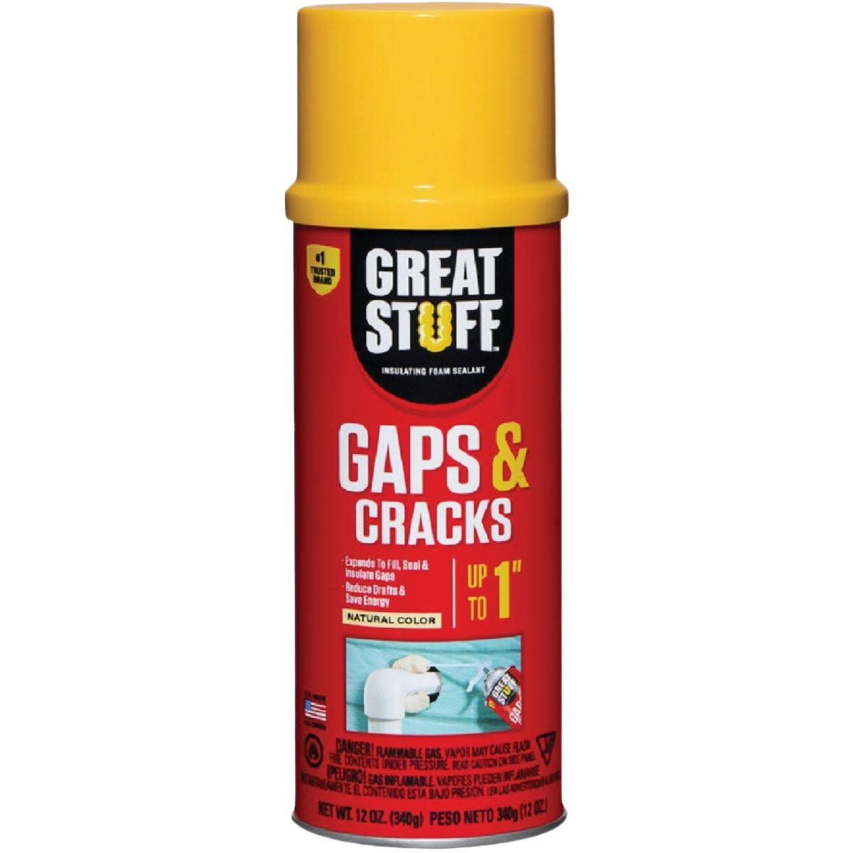Red and yellow can of insulating foam sealant for gaps and cracks in home improvement and spray foam insulation collections