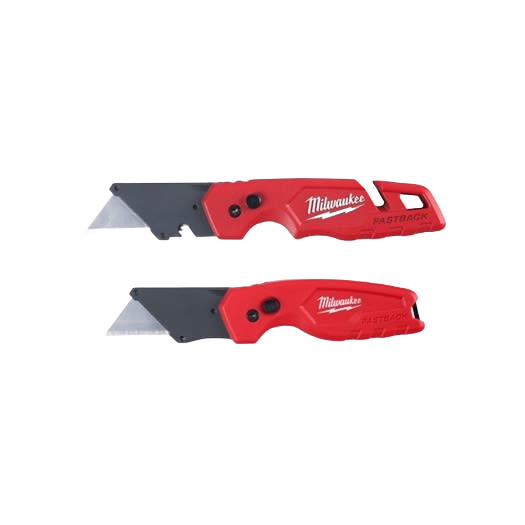 Two Milwaukee red folding utility knives with black blades for cutting tools and woodworking hand tool sets under $50