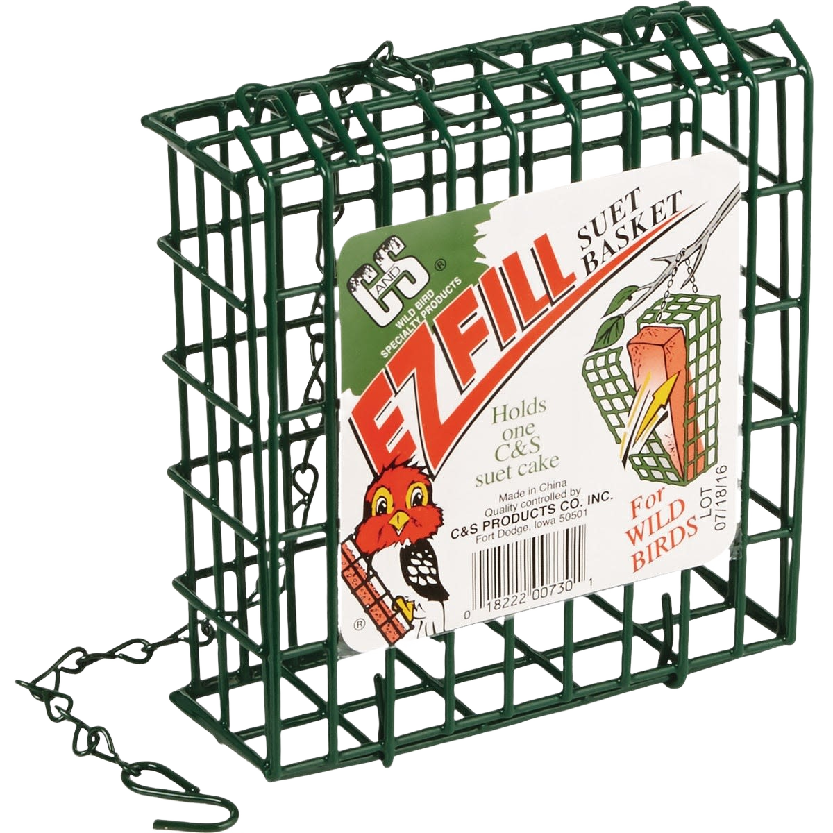 Green metal cage suet feeder with chain for hanging and holding a single bird suet cake outdoors