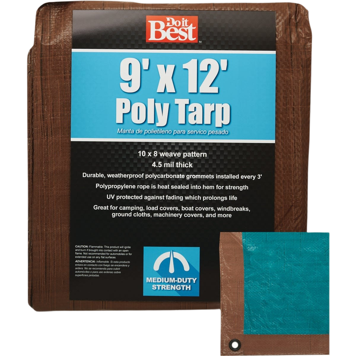 Brown and green medium-duty poly tarp with reinforced grommets and heavy-duty woven texture for outdoor use