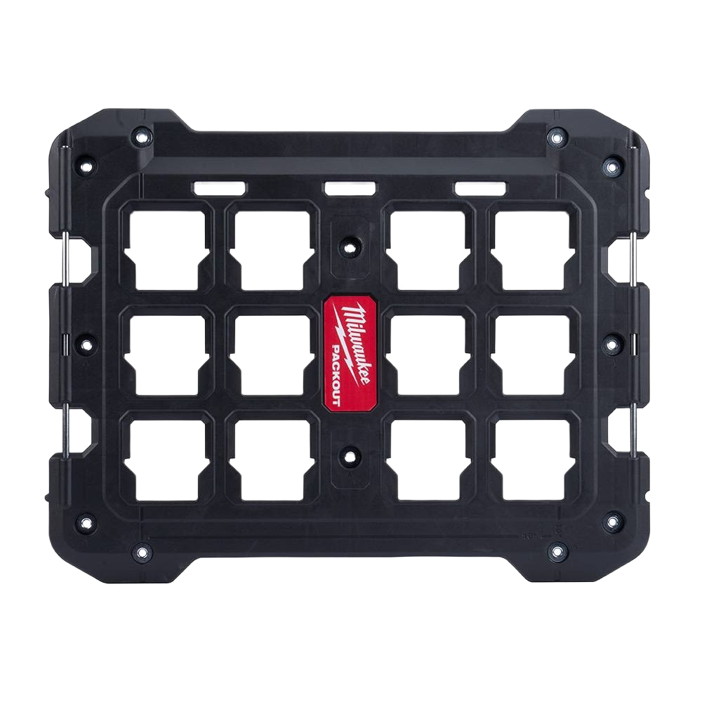Black impact-resistant polymer mounting plate with red logo, designed for heavy-duty tool storage and workshop organization.