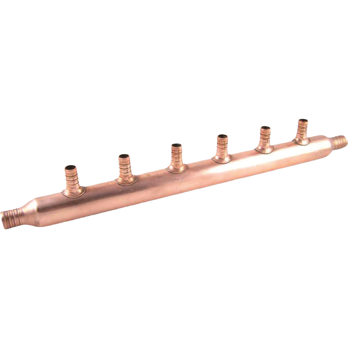Copper plumbing manifold with six PEX quick connect ports, ideal for pipes and fittings in home improvement projects