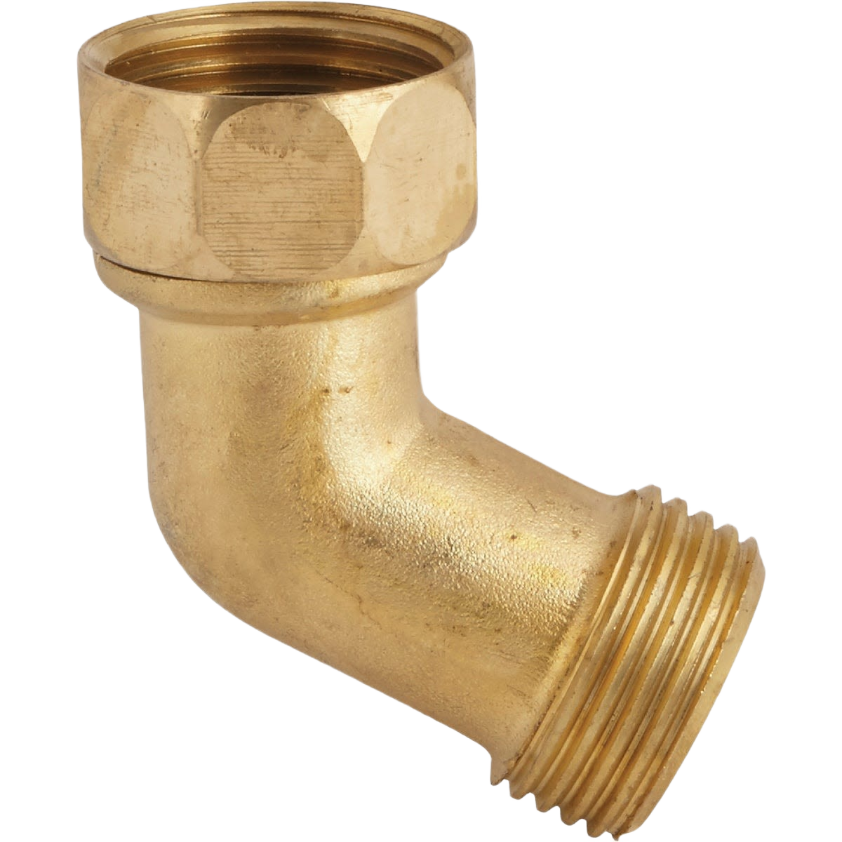 Brass gooseneck hose connector with 3/4 inch threads for gardening and home improvement tools use