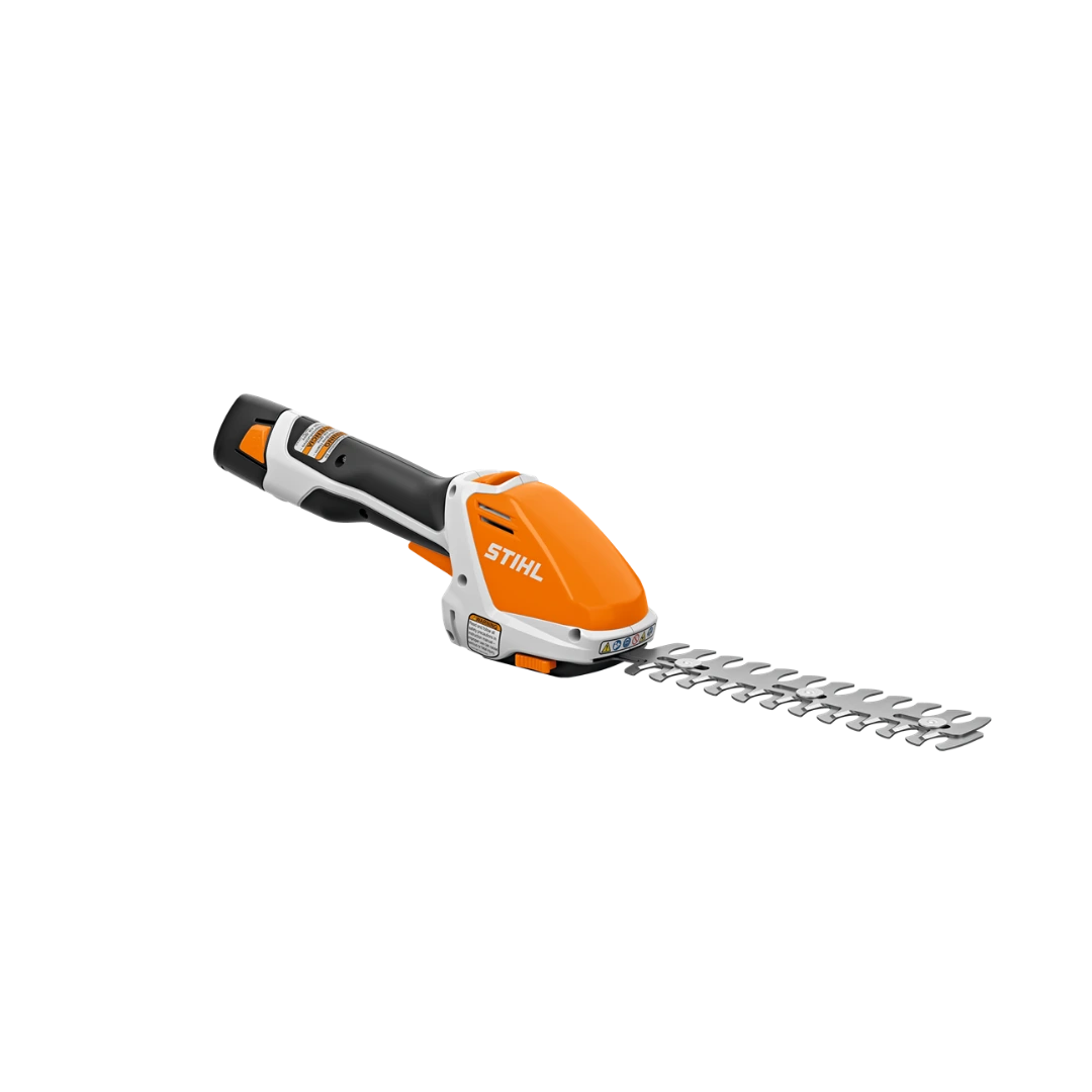 Compact orange and black handheld battery-powered hedge trimmer designed for gardening and home improvement tasks